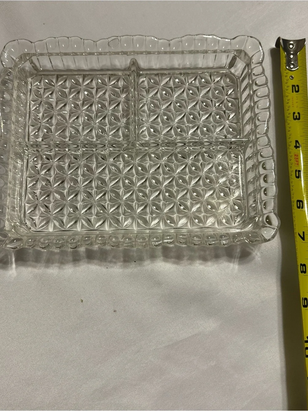 Vintage glass relish dish with with aluminum lid with fruit design